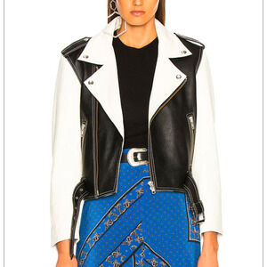 Ganni Black/White Heavy Leather Biker Full Zip Jacket, size EU40/US8-10